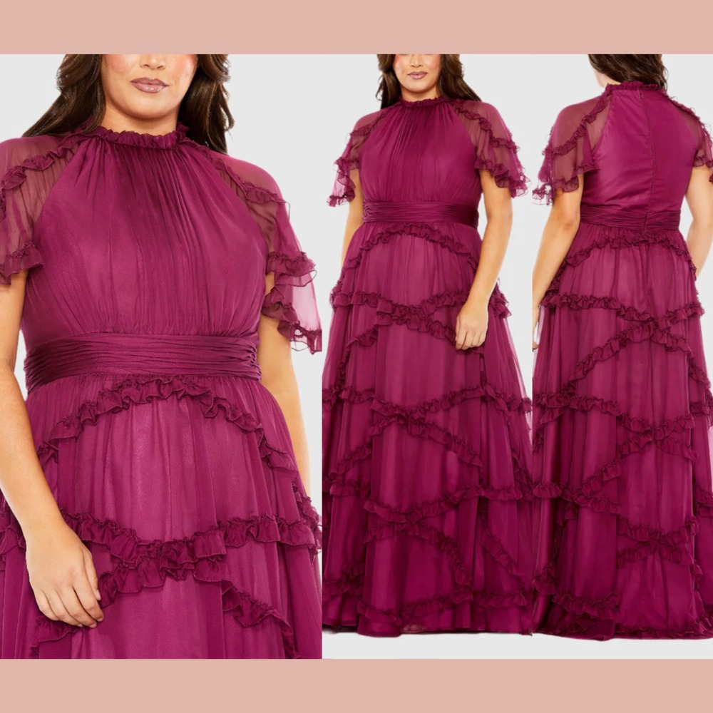 NWT MAC DUGGAL [ 18W ]‎ 68424 High Neck Ruffle Tiered Flutter Sleeve Gown Berry